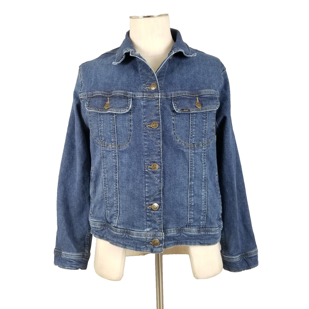 Lee Jean Jacket Womens Large Denim Trucker Stretch Button Front Pockets Casual